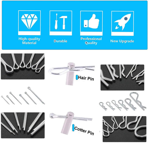 302-Piece Cotter Pin And R Clip Assortment Kit In 13 Sizes, 304 Stainless Steel Heavy Duty Hardware Set In Use, Displayed