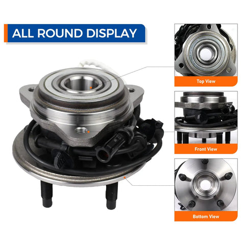 Front 4WD Wheel Hub Bearing Assembly With ABS Direct OEM Replacement Bolt On For Ford Explorer top, front, bottom view