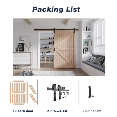 Interior view of 48 Inch By 84 Inch Wood Barn Door With 8 Foot Hardware Kit Included K Shape Solid Spruce Panel Installed
