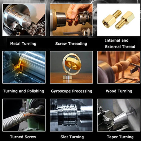 Various machining processes including metal turning, threading, and wood turning with Gearless 8x32 Metal Lathe With Double Chuck For Imperial And Metric, Panel Controlled Auto Change, Belt Drive, Low Noise Wood Turning Lathe Machine, Great For Home Shop INTSUPERMAI.