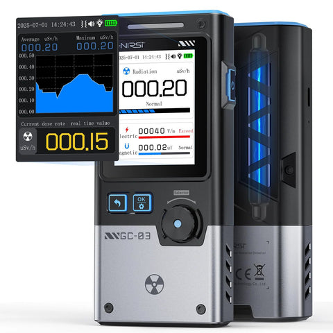 Two FNIRSI GC-03 Geiger counters, handheld radiation detectors with blue trim, 3-in-1 EMF and nuclear radiation monitor