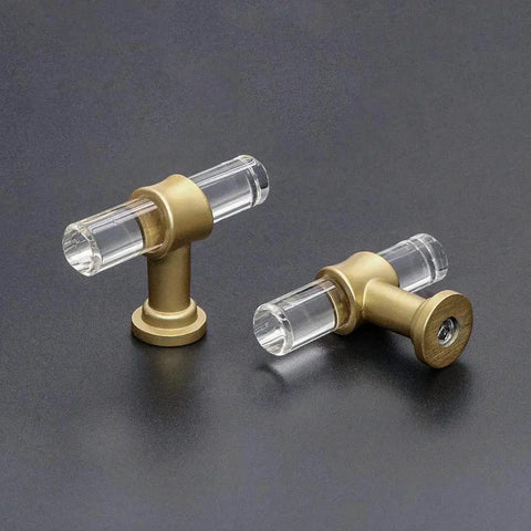 10 Pack T Shape Acrylic Cabinet Knobs With Gold Tone Zinc Alloy Bases for Dressers and Cupboards, clear acrylic and gold pulls