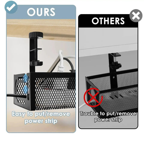 Comparison of 25 Inch Under Desk Cable Management Tray No Drill Clamp showing easy installation and heavy duty metal cord organizer.