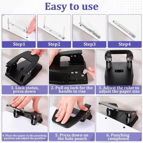 Heavy Duty Two Hole Punch With 150 Paper Fasteners for Office Files and Folders, showing usage steps and features, black finish