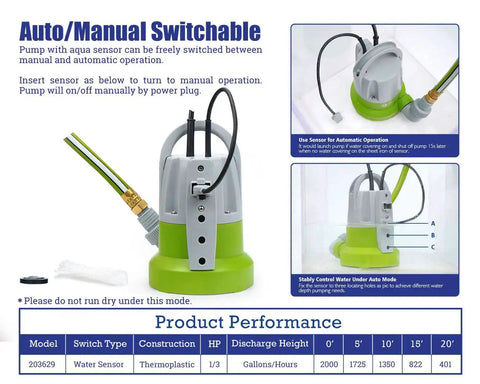Auto/manual switchable One Third HP Submersible Sump Pump With Flow Sensor Switch For Flooded Basements And Outdoor Spots