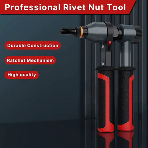 Rivet Nut Tool Kit With Ratcheting Mechanism And Quick Change Mandrels For Fast Installations Includes 10 Metric And SAE Mandrels 100 Rivet Nuts Assortment In Rugged Carrying Case Pro Grade showing durable construction and ratchet mechanism on dark background.