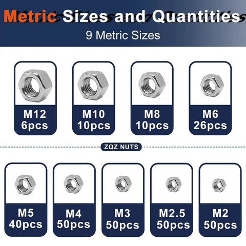 2 In 1 SAE And Metric Hex Nut Set In Stainless Steel 510 Piece Nut Kit With Inch And Metric Threads From 2 To 10 And From M2 To M12