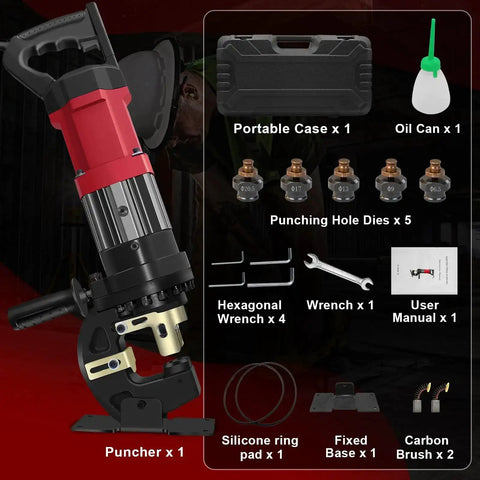Beast Mode 22 Ton Electric Hydraulic Hole Puncher with 1400W motor, five dies, and accessories including case, oil can, and tools.