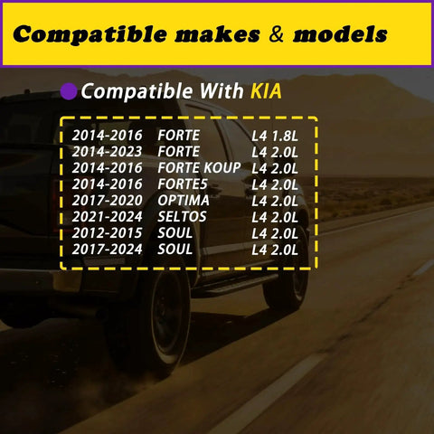 Compatibility chart for Kia vehicles with 2 Pcs Intake And Exhaust VVT Solenoids Set Compatible With Hyundai Sonata Elantra Coupe GT Tucson Kona And Kia Optima Forte Koup Forte5 Soul Seltos L4 1.8L 2.0L Direct Replacement And Easy Install.