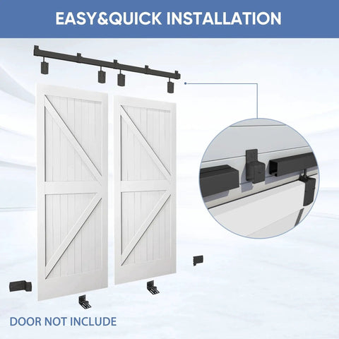 Exterior Barn Door Hardware Kit For Outdoor Use 14FT Sliding Barn Door Hardware Track Kit Heavy Duty For Double Doors Wall Mount Black Finish Galvanized Steel Rust Proof Outdoor Grade With 50000 Cycle Testing, shown with double doors not included, easy installation guide visible.