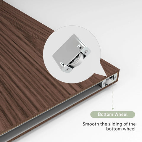 Concealed Barn Door Hardware Kit With Soft Close showing bottom wheel detail on wood panel