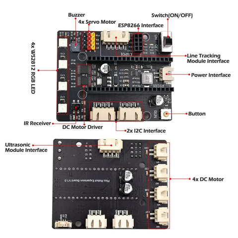 Detailed view of electronic components and interfaces for 4WD Omni Directional Robot Kit With Mecanum Wheels For ESP32 S3 Banana Pi Pico W