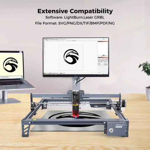 Front view of Falcon 10W Laser Engraver And Cutter with 72W output and 15.7 by 16.3 inch work area, for wood, metal, acrylic, leather.