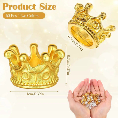 Gold and silver mini crown charms for crafts, 3D hollow queen crown beads, 60 pcs set shown in hands, perfect for DIY jewelry projects.
