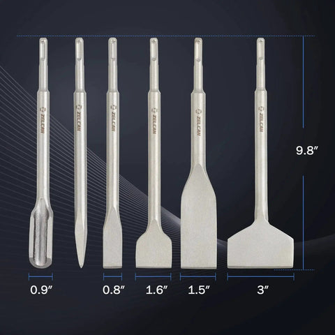 All In One 6 Piece SDS Plus Chisel Set For Tile Concrete And Masonry By Zelcan Includes Tile Grooving Scraping Flat Point And Scaling Chisels In 40Cr Steel For Home Improvement And Rotary Hammer Drills