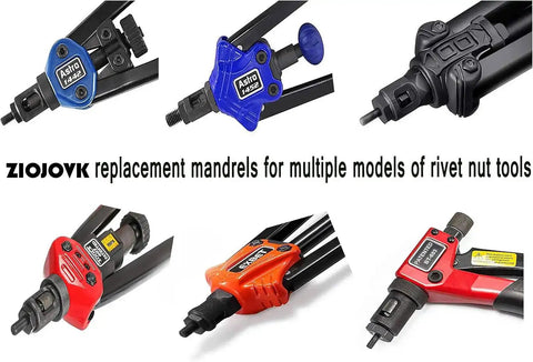Multiple colored replacement mandrels for rivet nut tools, including various models of riveters like Astro, in front view.