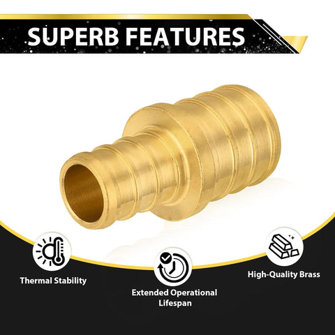 Brass PEX straight reducing coupling, 1 in x 3/4 in, crimp fitting for PEX tubing.