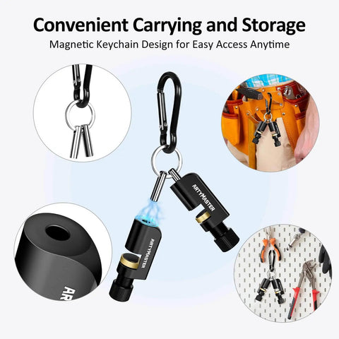 Magnetic keychain with stair gauges for framing square, circular saw guide, shown in various storage setups.