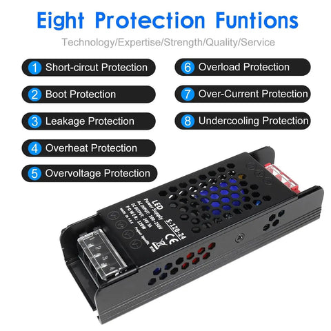 24V 5A 120W Universal Regulated Switching Power Supply with eight protection features labeled on a black metal casing.