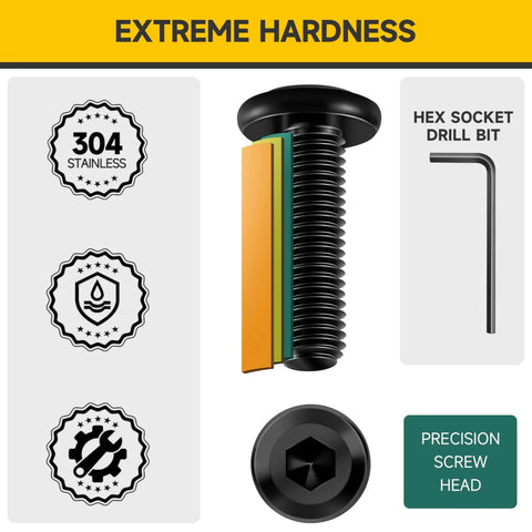 M6 Flat Head Hex Socket Cap Screws Set, 25 pcs in 12, 16, 20, 25, 30 mm sizes, 304 stainless steel with black oxide finish, with hex spanner