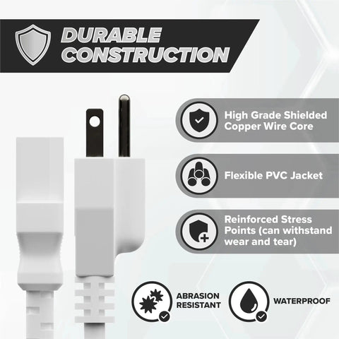 Side view of white 10 Foot 3 Prong Computer Power Cord C13 To NEMA 5-15P IEC 320, highlighting durable construction and features.