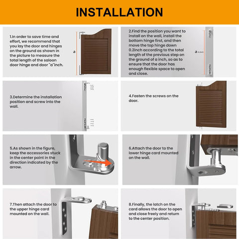 Saloon door hinges installation guide for Amazon Taluokong 304 stainless steel self-return double-swing cafe door hardware.
