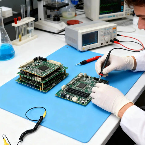 Lab technician working on PCBs on Anti Static ESD Mat For Electronics Repair And PC Building, with grounding wire and test equipment.