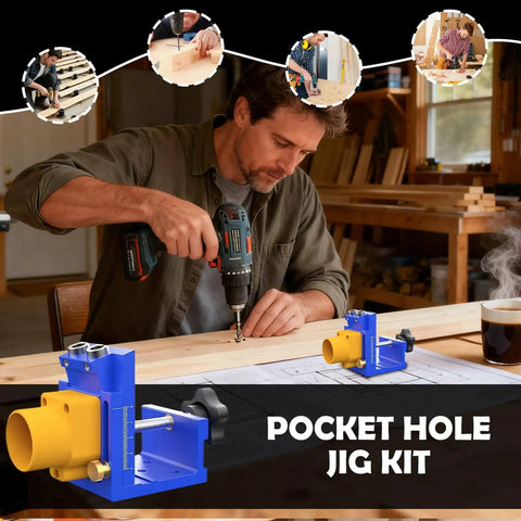 Man using Pro Grade Pocket Hole Jig Kit With Angled Drill Guide And Dust Collection For Cabinet Installations Deck Building Desk Assembly And DIY Hobby Projects