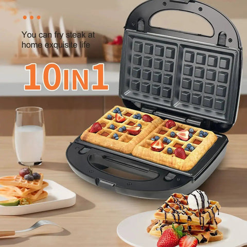 Beat The Morning Rush With This 10 In 1 Breakfast Maker With Nonstick Plates showing waffles with berries and syrup