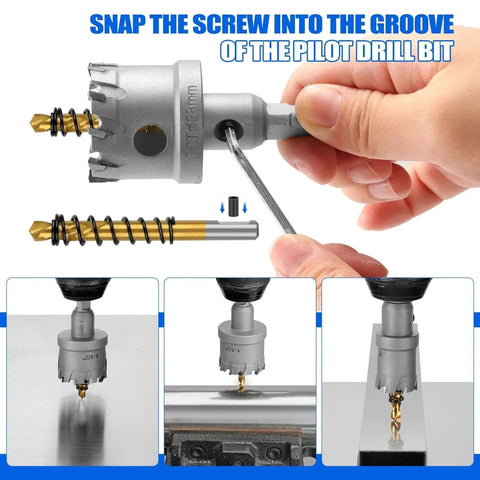 Carbide Hole Saw Kit For Metal 16 Pcs TCT Heavy Duty Hole Cutter Set 5/8 To 2 1/4 Inch demonstrating drill bit use on metal surface.