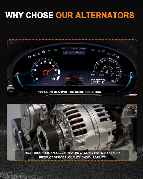 Dashboard display and alternator close-up, related to 90 Amp 12V Drop In Alternator For 2003-2004 Hyundai Elantra 2.0L, 2003-2004 Hyundai Tiburon 2.0L, 2004-2006 Kia Spectra 2.0L, and 2005-2006 Kia Sportage 2.0L Replace OE 13973 With Easy Install, Durable Power, And Smooth Electrical Output.