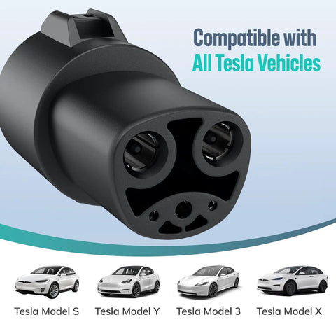 Close-up of J1772 To Tesla Charger Adapter For Model 3 Y X S Cybertruck, SAE J1772 To NACS EV Adapter, showing connection ports.