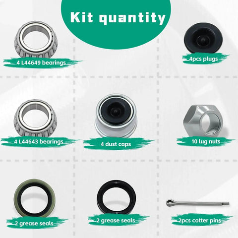 Two Pack Heavy Duty Trailer Hub Bearing Kit 5x4.5 5 Lug Fits 1 In And 1-1/16 In Straight Spindles Not For Tapered Spindles 2000 Lb Capacity Boat Trailer Axle Hub Kit With Two Hubs components including bearings, plugs, dust caps, and lug nuts.