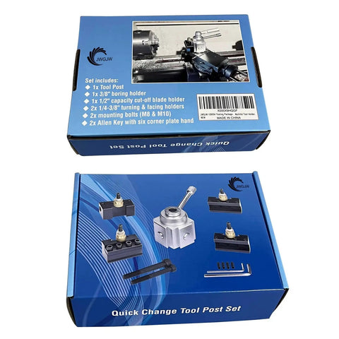 Boxed set of Workhorse Mini Lathe Quick Change Tool Post For Dovetail Tenon, JWGJW 120034, AXA compatible.
