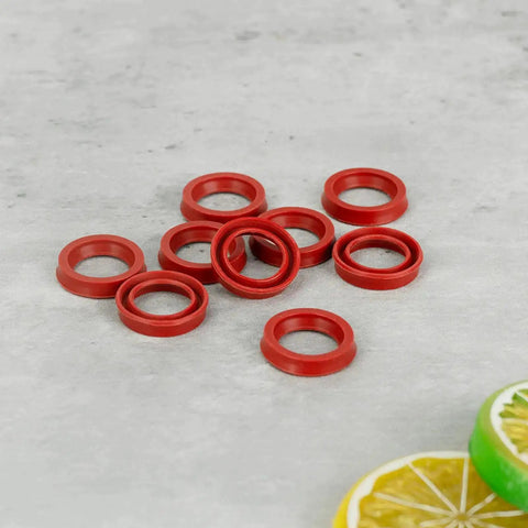 10 Pieces Silicone O Rings For Coffee Makers And Espresso Machines Seals Replacement Gaskets, 2.25x2.25x0.45 cm, red on table.