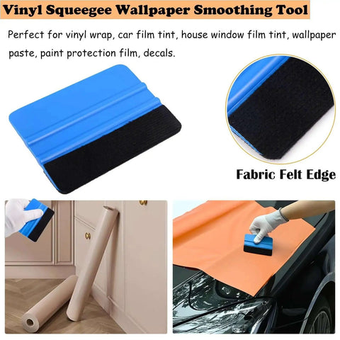 Pro Grade Seven Piece Vinyl Wrap Tool Kit For Window Tinting Car Auto Tinting Tools Set Includes Rubber Squeegees Felt Squeegee Scrapers Contour Tool White Block Squeegee And Cutting Knife For Smooth Film Application, featuring a blue felt squeegee demonstrating vinyl application on surfaces.