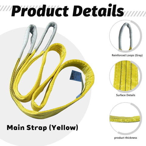 Kivomot 2-pack lifting slings, yellow polyester straps with gray reinforced eye loops, 3 in x 20 ft, 6600 lb rating.