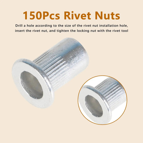 150 Piece Aluminum Rivet Nuts Kit With Flat Head For Easy Install No Fuss Pro Grade, SAE Sizes 6-32 8-32 shown
