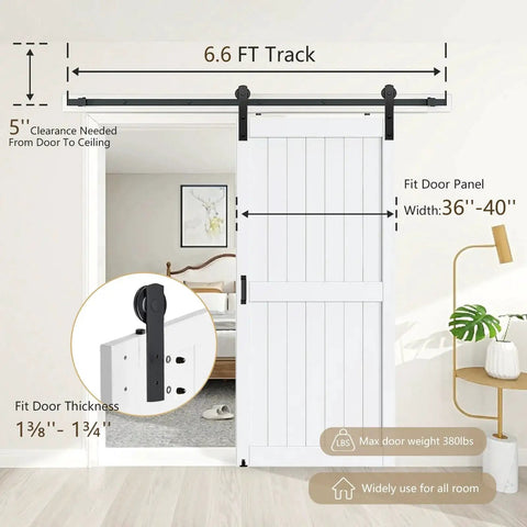 Sliding Barn Door Hardware Kit 6.6 Ft Heavy Duty for Smooth Quiet Operation shown installed over white door