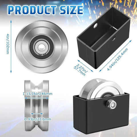 4-Inch V-Groove Gate Wheel Set With Welded Bracket Box Heavy Duty Sliding Inverted Track Gates Rollers For Up To 3000 Lbs Capacity