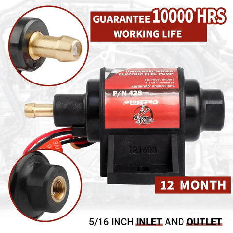Universal 12V Inline Fuel Pump For Cars And Trucks With Five Sixteenth Inch Inlet And Outlet 28 GPH At Two To Three Point Five PSI