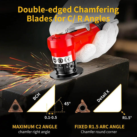 2 In 1 Pneumatic Chamfer Tool For Deburring And Beveling, Mini Air Bevel Machine with double-edged blades, shown deburring metal