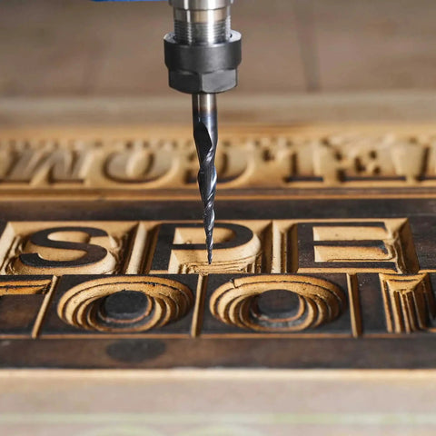 CNC machine using Pro Grade Tapered Ball Nose Spiral Router Bit For CNC Milling And Engraving, 1.0mm Tip Diameter on wood.
