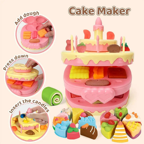 Cake mold tool from 70 Piece Kids Dough Set 4 In 1 With Ice Cream Maker Noodle Maker Hamburger And Cake Mold Tools Creative Play Food Kit For Toddlers And Kids Ages 3 To 8, showing dough shapes and colorful accessories.