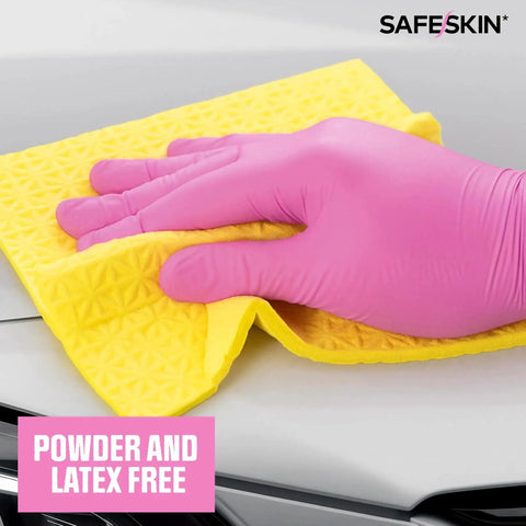 Magenta Nitrile Gloves 2.0 Mil Large Disposable Powder Free All Purpose 100 Ct cleaning with yellow cloth.