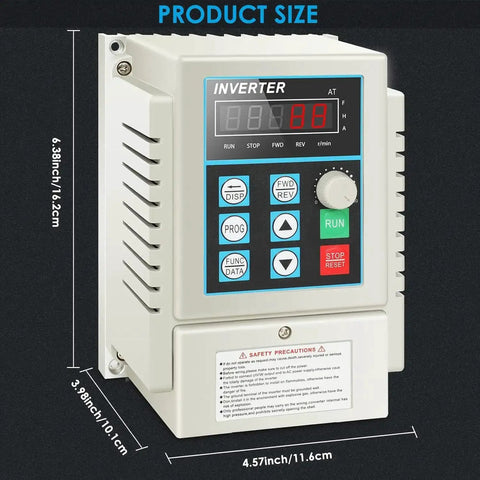 Front view of 220V 0.75KW 1HP VFD inverter single phase to three phase frequency converter, product dimensions displayed.