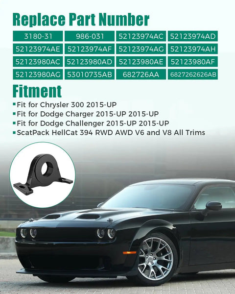 Image of a Dodge car beside a center bearing drive shaft support. Center Bearing Drive Shaft Support For Dodge Charger Challenger.