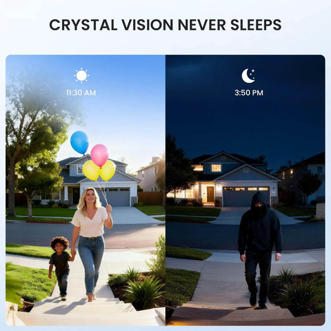 Daytime and nighttime views with 2K Wireless Doorbell Camera With Adjustable Mount No Monthly Fee Local SD Storage Real-Time Alerts Motion Detection 2-Way Talk With Voice Changer Built-In Chime 2.4GHz WiFi Pan And Tilt Angles Easy Install, showing clear video quality under both conditions.