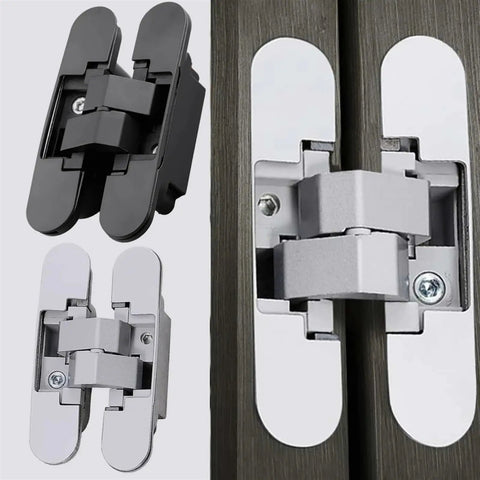 Invisible Cross Hinge 180 Degree Concealed Folding Door Hinge for cabinets in black and silver, installed view
