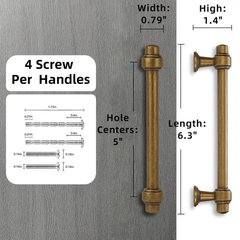 Antique Brass Cabinet Pulls Five Inch Hole Centers Ten Pack Zinc Alloy Vintage Drawer Handles with dimensions and screw details